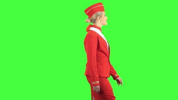 Stewardess goes and welcomes others. Green screen. Side view — Stock Video