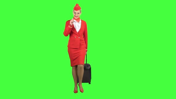 少女はスーツケースをロールし、サングラスを置きます。緑色の画面 — ストック動画