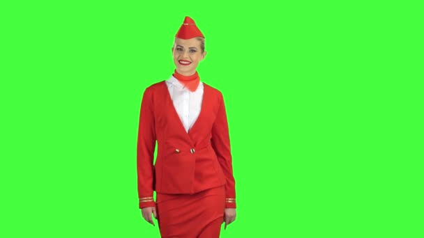 Stewardess megy, és üdvözli a mások. Zöld képernyő — Stock videók