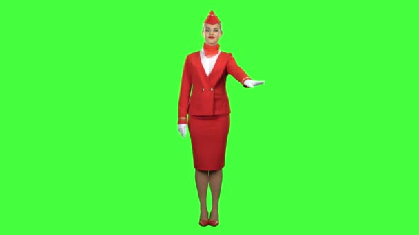 Stewardess toont met een gebaar dat iedereen op de grond blijven zou. Groen scherm — Stockvideo