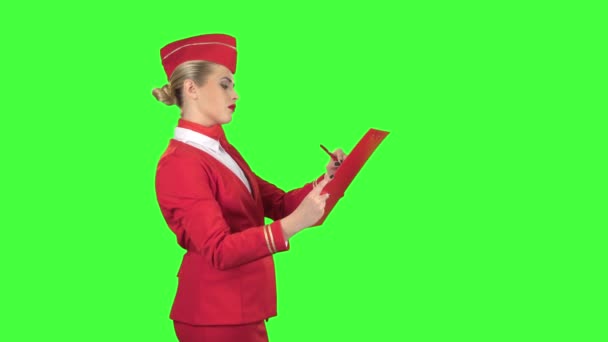 Mädchen schreibt einen Stift in einen speziellen Ordner, sie ist Flugbegleiterin. Green Screen. Seitenansicht — Stockvideo