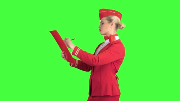 女の子は、彼女は飛行機の乗務員は特別なフォルダーにペンを書き込みます。緑色の画面。横から見た図 — ストック動画