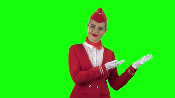 女の子は飛行機について何かを指示します。緑色の画面 — ストック動画