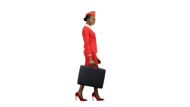 Hostess afro-americana cammina con una valigetta in mano. Canale alfa. Vista laterale — Video Stock
