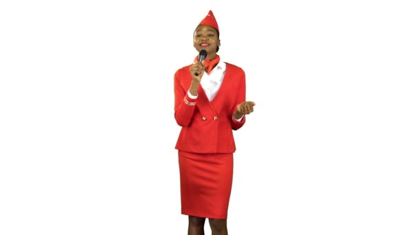 Stewardess afro-amerikai, egy piros ruha énekelnek. Alfa-csatorna — Stock videók