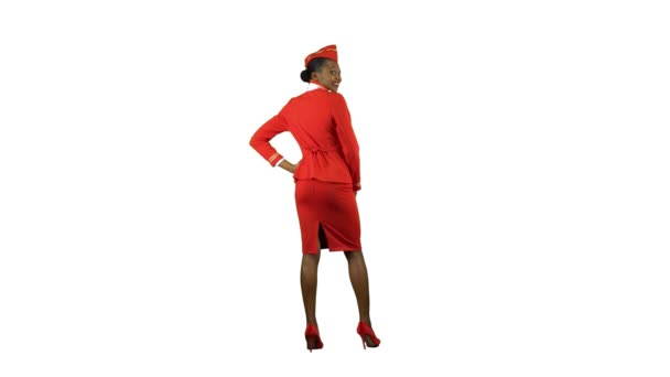 Stewardess turns with her back and waves her hand. Alpha channel. Back view — Stock Video