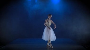 Beyaz etekli göz kamaştırıcı balerin klasik bale yapıyor. Yavaş çekim.