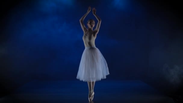 Beyaz etekli şirin balerin klasik bale yapıyor. Yavaş çekim. — Stok video