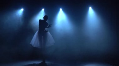 Beyaz etekli, klasik bale yapan yetenekli bir balerin. Yavaş çekim.