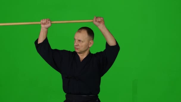 Männliche Kendo-Kriegerin, die Kampfkunst mit dem Bambusbokken auf grünem Bildschirm praktiziert. Nahaufnahme — Stockvideo