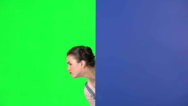 Дівчина дивиться ззаду блакитного порожнього плакату і закликає до себе вказуючий риф — стокове відео