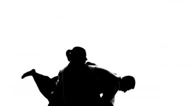 Aikido teknikleri gösteren siyah siluetler. Beyazda izole edilmiş. Ağır çekim. Kapat..