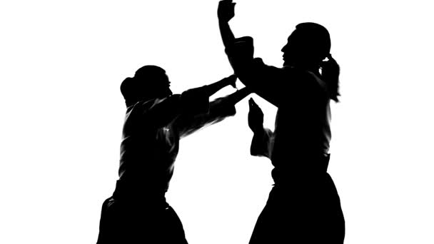 Zwarte silhuetten van man en vrouw met aikido technieken. Geïsoleerd op wit. Langzame beweging. Sluiten.. — Stockvideo