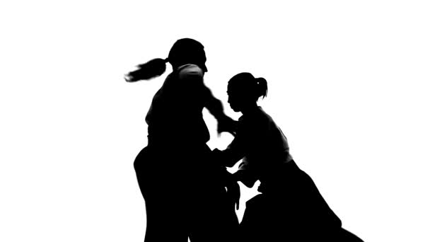 Schwarze Silhouetten von Mann und Frau, die Aikido-Techniken zeigen. isoliert auf weiß. Zeitlupe. Nahaufnahme. — Stockvideo