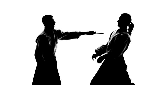 Černé siluety dvou samců v keikogi nebo kimonu ukazující aikido pomocí tanto. Izolovaná, bílá. Zpomal. Zavřít. — Stock video