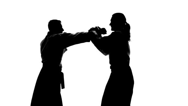 Silhuetas pretas de dois machos em keikogi ou quimono demonstrando técnicas de aikido. Isolado, branco. Movimento lento. Fechar . — Vídeo de Stock