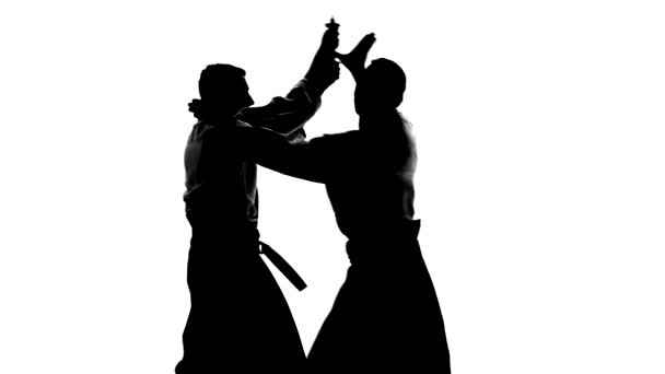 Siluetas negras de macho y hembra en keikogi o kimono demostrando aikido usando bokken. Aislado. En cámara lenta. De cerca. . — Vídeos de Stock