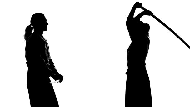 Zwarte silhuetten van man en vrouw in keikogi of kimono demonstreren aikido met behulp van bokken. Geïsoleerd. Langzame beweging. Sluiten.. — Stockvideo