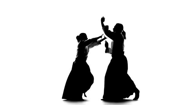 Siluetas negras de hombre y mujer mostrando técnicas de aikido. Aislado sobre blanco. Movimiento lento . — Vídeos de Stock