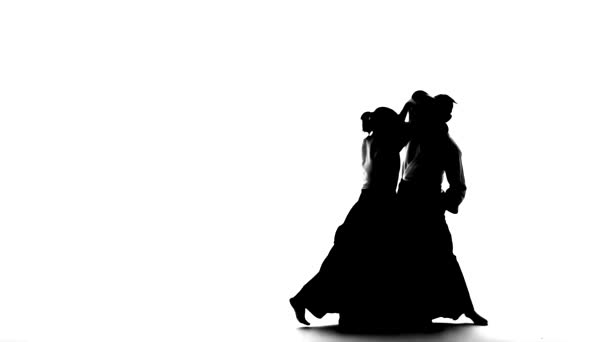 Zwarte silhuetten van man en vrouw met aikido technieken. Geïsoleerd op wit. Langzame beweging. — Stockvideo