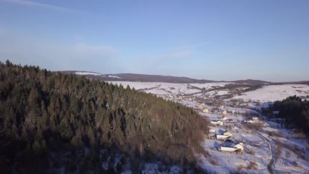 Вид з повітря на зимовий пейзаж зі засніженими пагорбами та лісом на горах — стокове відео