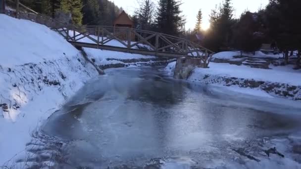 공중에서 내려다보면, 숲 밑에 강 위에 다리가 있는 얼어붙은 작은 폭포가 보인다 — 비디오