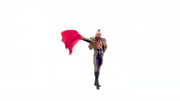 Torero in blue and gold suit or typical spanish bullfighter isolated over white studio background. — Stock Video