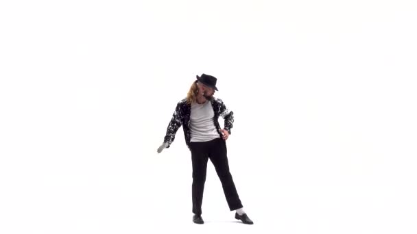 Young stylish teenager is showing dance moves like Michael Jackson. Isolated over white background. — 비디오