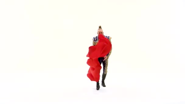 Torero in blue and gold suit or typical spanish bullfighter isolated over white studio background. Close up, slow motion. — 비디오