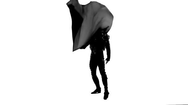 Silhouette Dancing man wearing a toreador costume. Isolated on white background in full length. Close up, slow motion. — Stock Video