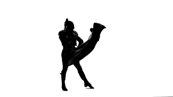 Silhouette Homme dansant portant un costume de toreador. Isolé sur fond blanc en pleine longueur. Gros plan, au ralenti . — Video