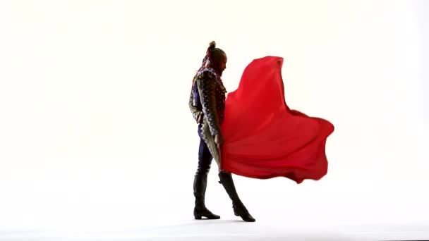 Torero in blue and gold suit or typical spanish bullfighter isolated over white studio background. Silhouette — Stock Video