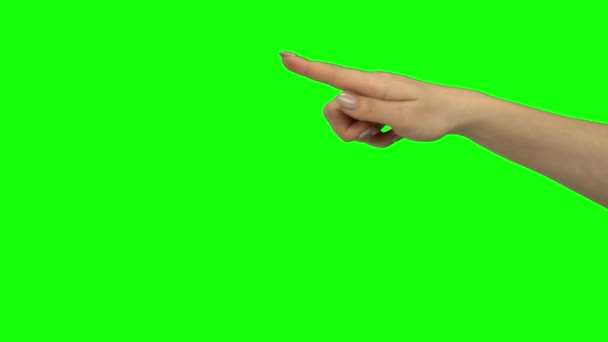 Рука женщины, указывающая на три абзаца. Зеленый экран. Закрыть — стоковое видео