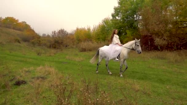 mariée aux cheveux longs en robe blanche est à cheval le long de la forêt 