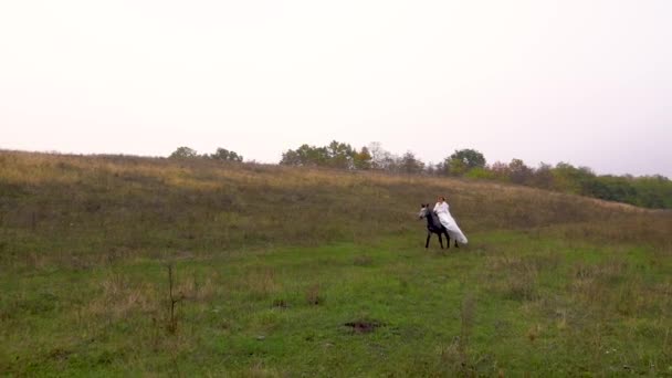 Μακριά μαλλιά γυναίκα σε λευκό φόρεμα ιππεύει άλογο κατά μήκος του ξύλου — Αρχείο Βίντεο
