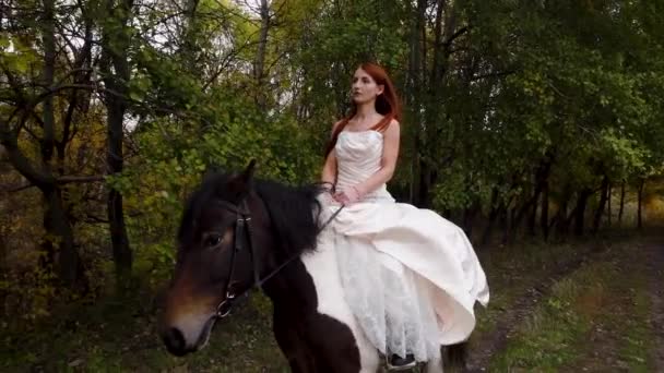 Rothaarige Frau im beigen Kleid reitet Pferd. Nahaufnahme — Stockvideo
