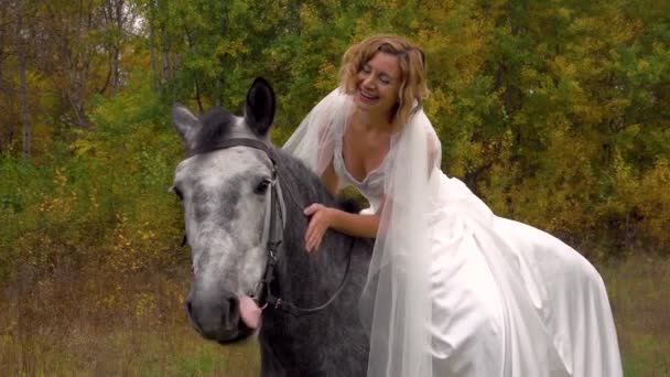 Жінка в білій весільній сукні погладжує коня. крупним планом — стокове відео