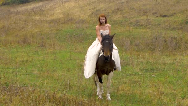 Ingwerweibchen im Puffkleid reitet Pferd auf Feld — Stockvideo