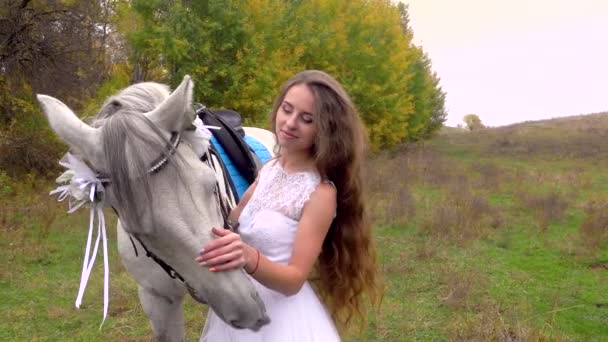 Noiva em vestido branco alimentando e acariciando cavalo. Fechar — Vídeo de Stock