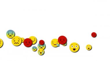 Ukrayna, Dnipro - 9 Ağustos 2019: Düşen bir sosyal ağın animasyonu mutsuz, ağlayan, kızgın, soldan sağa büyük bir emoji. Beyaz zemin alfa kanalı.