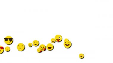 Ukrayna, Dnipro - 9 Ağustos 2019: Düşen mutlu küçük emojinin yukarıdan aşağıya animasyonu.