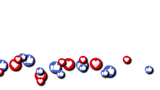 Ucrania, Dnipro - 9 de agosto de 2019: Animación de los "me gusta" de las redes sociales azules y corazones rojos que se elevan desde la izquierda a la derecha de la pantalla. Fondo blanco canal alfa — Vídeo de stock