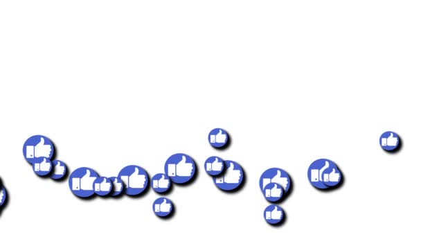 Украина, Днепр - 9 августа 2019: Анимация синих социальных медиа нравится и поднимается вверх, поднимаясь с левой стороны экрана. Альфа-канал белого фона — стоковое видео