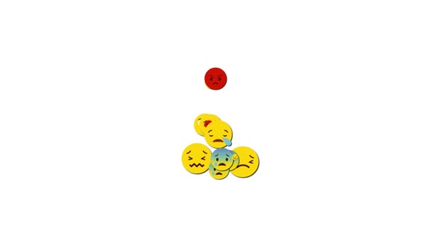 Ukraine, Dnipro - Aug 9 2019: Animation of a falling social network unhappy, crying, angry, large emoji from top to bottom. White background alpha channel. — 비디오