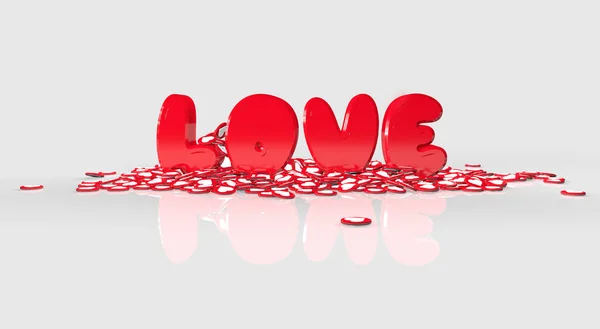 Надпись Love for Valentines Day and hearts on a white background with mirror reflection — стоковое фото