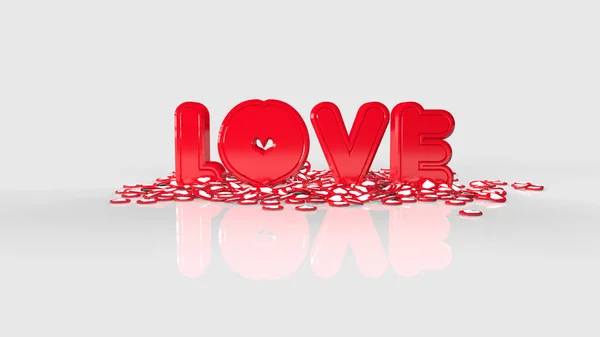 Inscrição Amor para Dia dos Namorados e corações em um fundo branco com reflexo de espelho — Fotografia de Stock