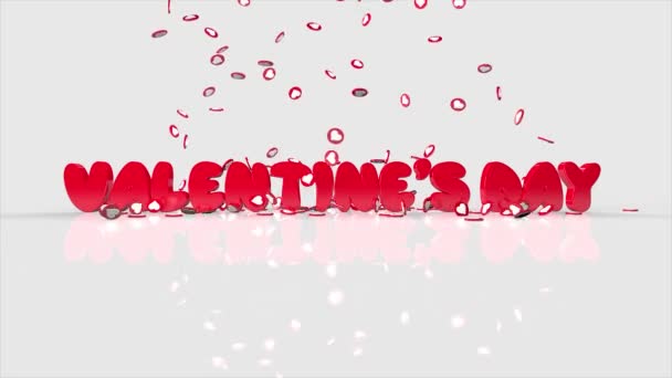 Inscription Valentines Day on a white background with mirror reflection. Hearts with animation 3D. — Stockvideo
