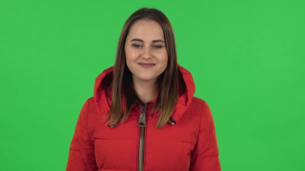 カメラを見ながら赤いダウンジャケット姿の可愛い女の子の肖像画はかなり笑顔です。緑の画面 — ストック動画