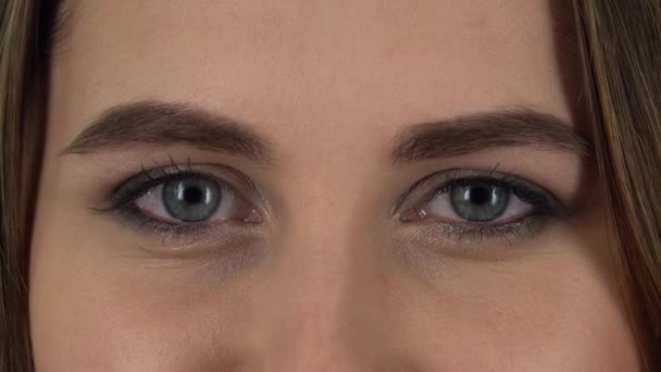 Los ojos femeninos se ven rectos y parpadeando. De cerca. — Vídeo de stock