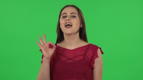 Portrait of tender girl in red dress is making sign ok. Green screen — Stockvideo